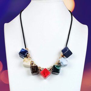 Color Block "Dice" w/ Gold Tone Beads Black Mesh Cord Necklace